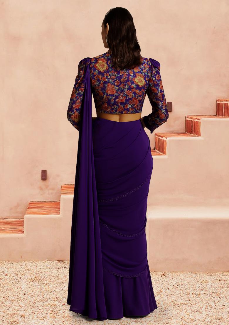 Purple Embroidered Crepe Pre Draped Saree Set - Indya