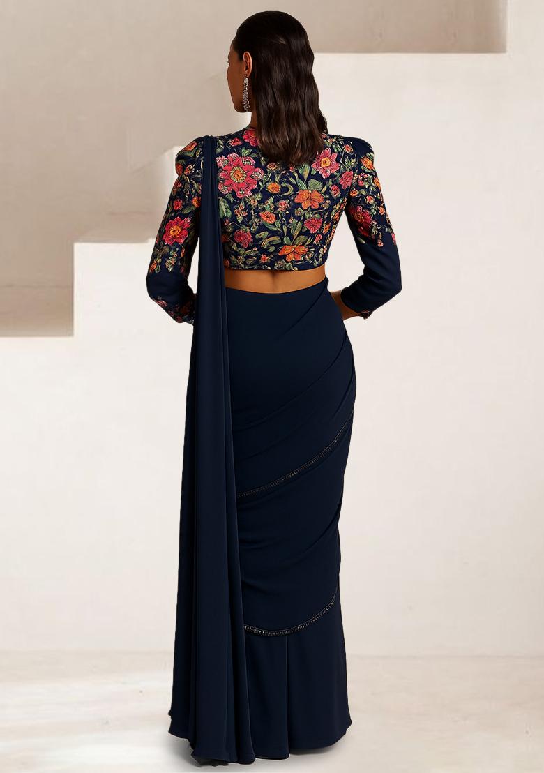 Black Embroidered Crepe Pre Draped Saree Set - Indya