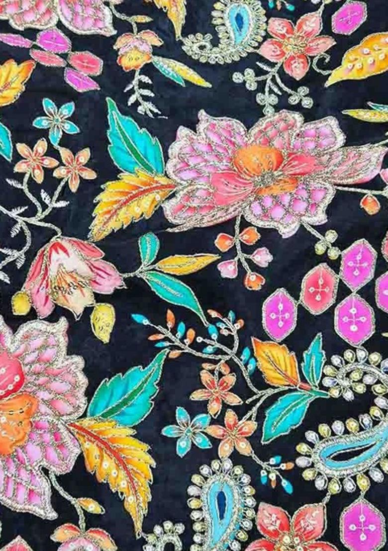 Black Embroidered Crepe Pre Draped Saree Set