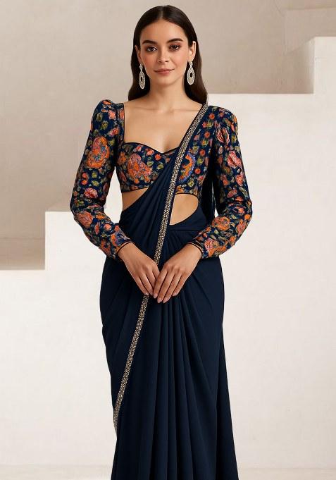 Black Embroidered Crepe Pre Draped Saree Set