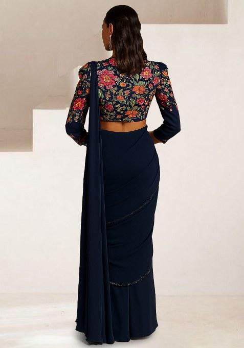 Black Embroidered Crepe Pre Draped Saree Set