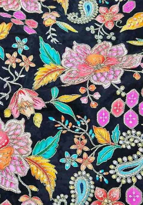 Black Embroidered Crepe Pre Draped Saree Set