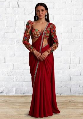 Rust Embroidered Crepe Pre Draped Saree Set