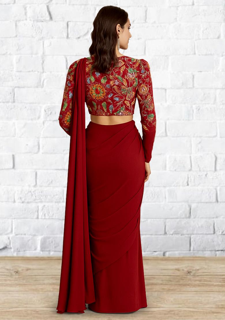 Rust Embroidered Crepe Pre Draped Saree Set - Indya