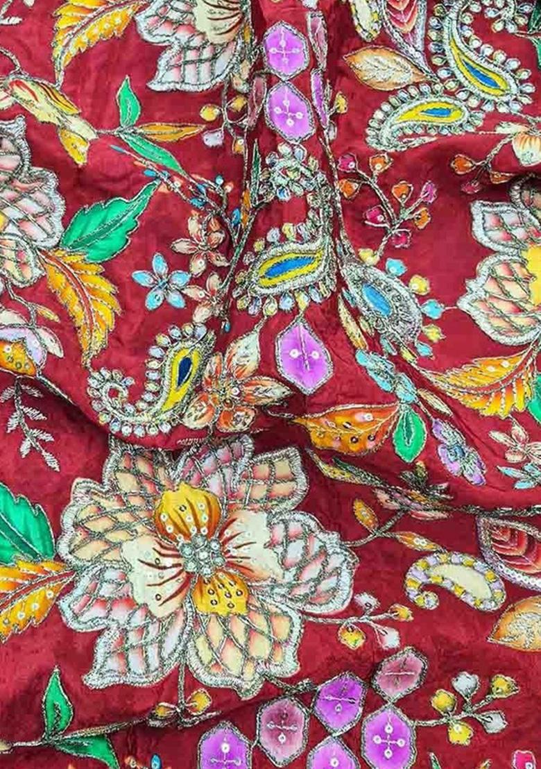 Rust Embroidered Crepe Pre Draped Saree Set - Indya