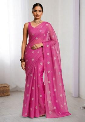 Pink Embroidered Tissue Pre Draped Saree Set