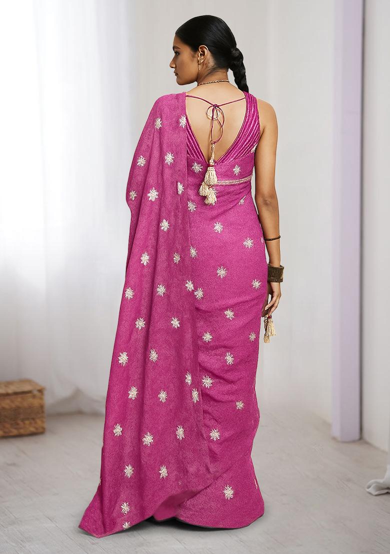 Pink Embroidered Tissue Pre Draped Saree Set