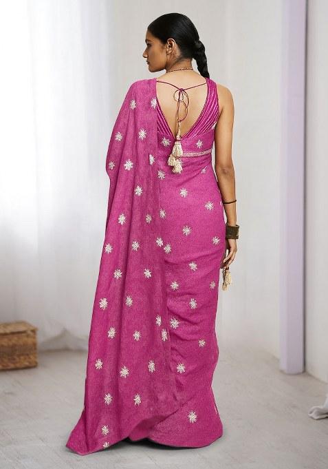 Pink Embroidered Tissue Pre Draped Saree Set