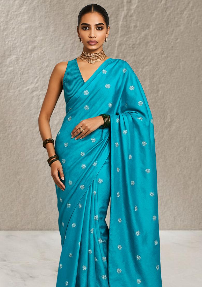 Blue Embroidered Tissue Pre Draped Saree Set