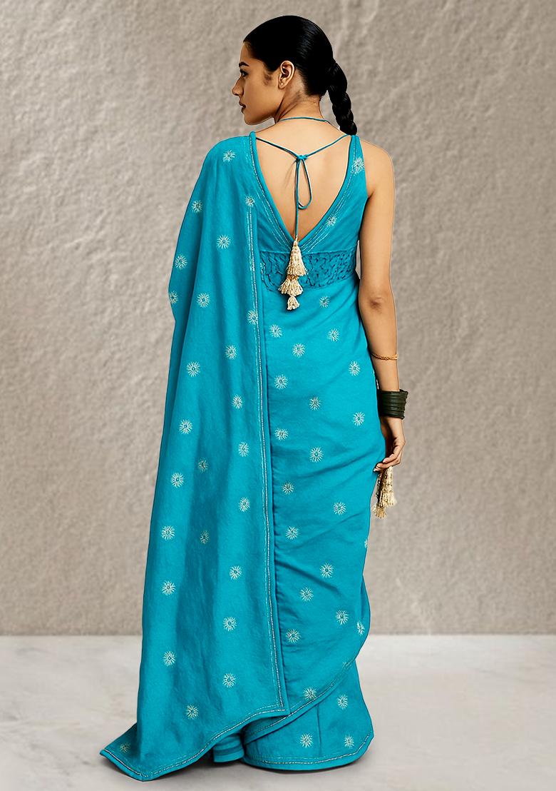 Blue Embroidered Tissue Pre Draped Saree Set