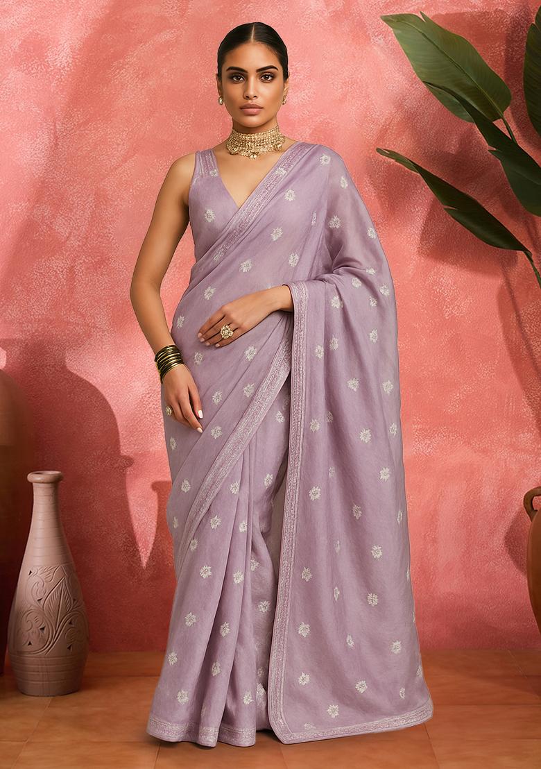 Mauve Embroidered Tissue Pre Draped Saree Set