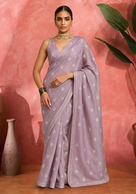 Mauve Embroidered Tissue Pre Draped Saree Set