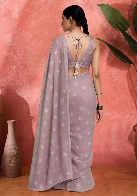 Mauve Embroidered Tissue Pre Draped Saree Set