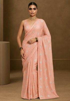 Peach Embroidered Tissue Pre Draped Saree Set