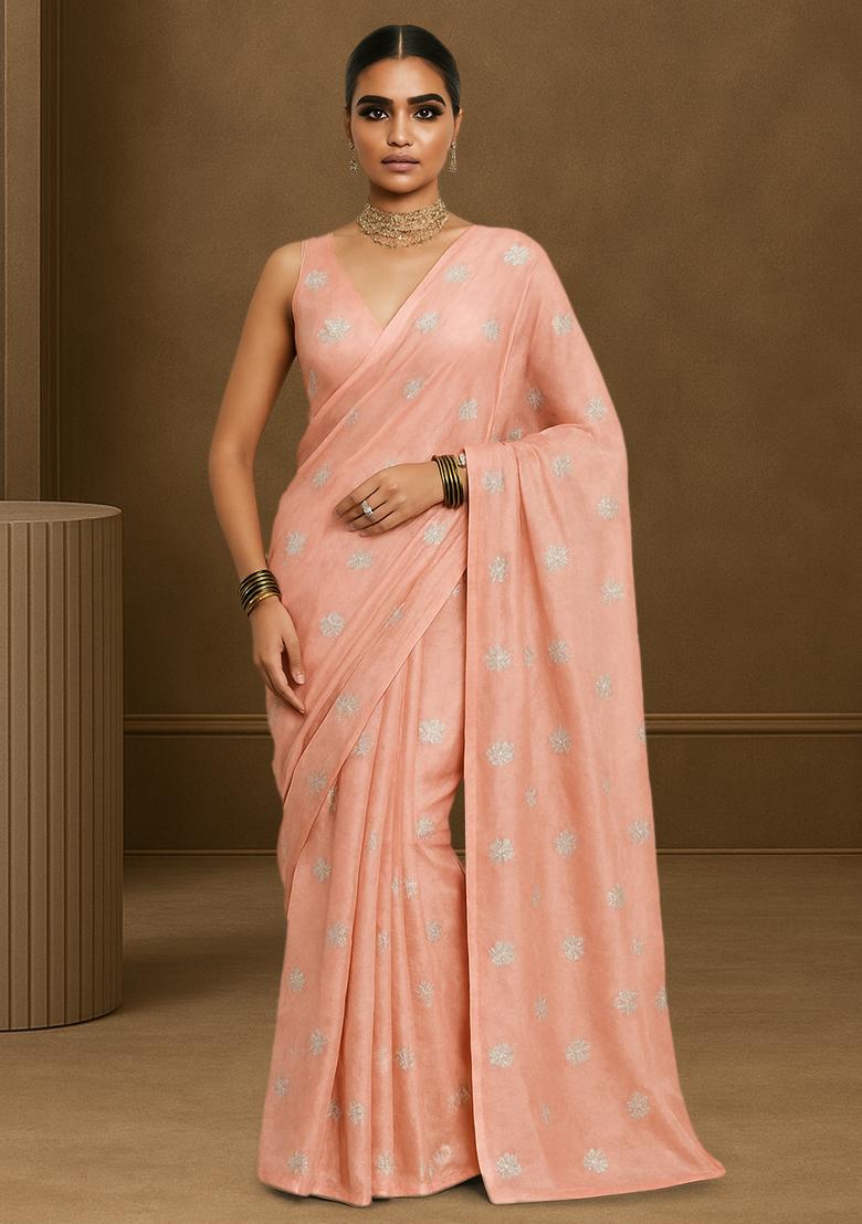 Peach Embroidered Tissue Pre Draped Saree Set