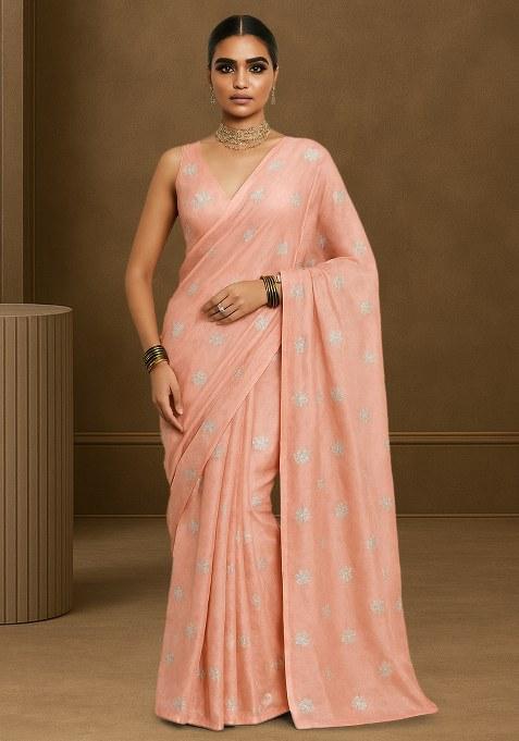 Peach Embroidered Tissue Pre Draped Saree Set