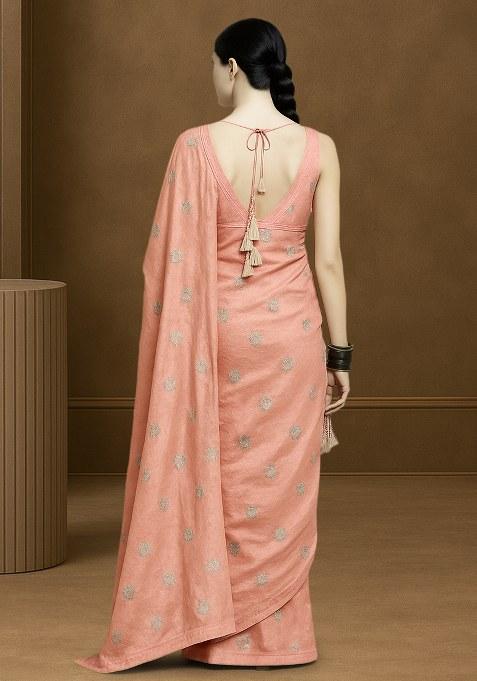 Peach Embroidered Tissue Pre Draped Saree Set