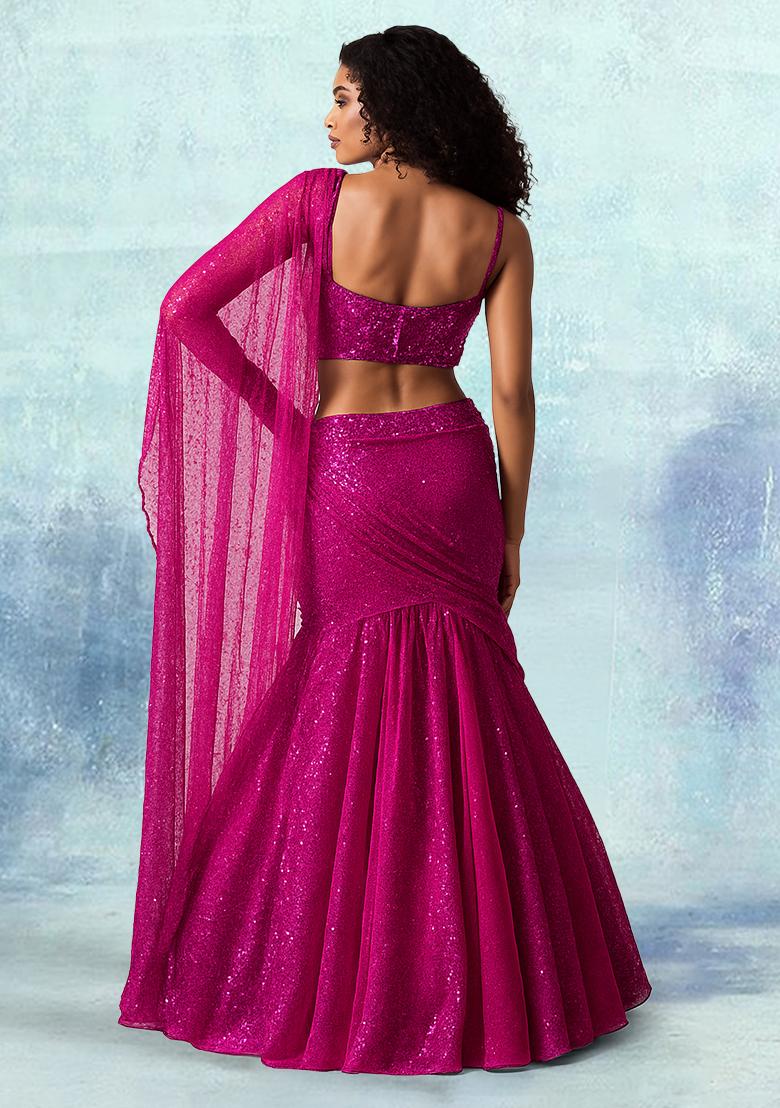 Pink Embellished Georgette Pre Draped Saree Set - Indya