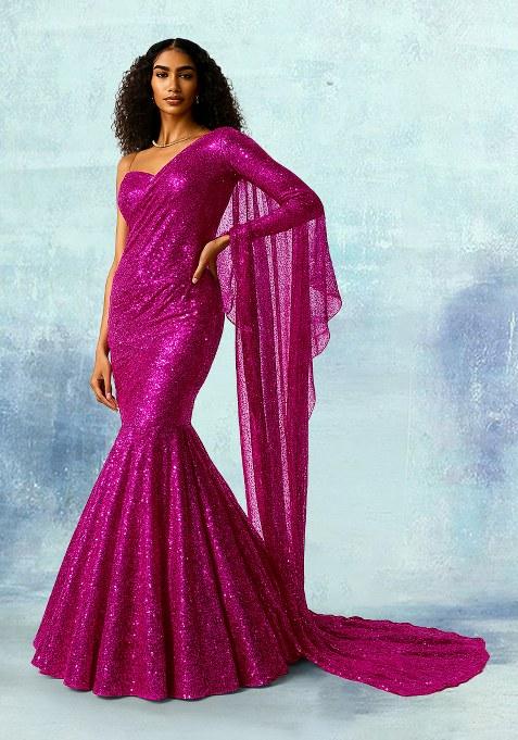 Pink Embellished Georgette Pre Draped Saree Set