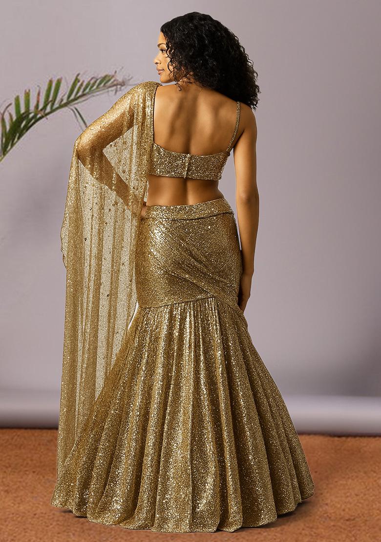 Golden Embellished Georgette Pre Draped Saree Set - Indya