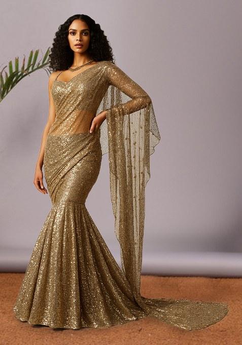 Golden Embellished Georgette Pre Draped Saree Set