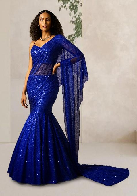 Navy Blue Embellished Georgette Pre Draped Saree Set