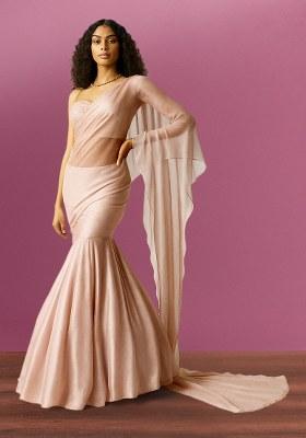 Pink Shimmer Georgette Pre Draped Saree Set