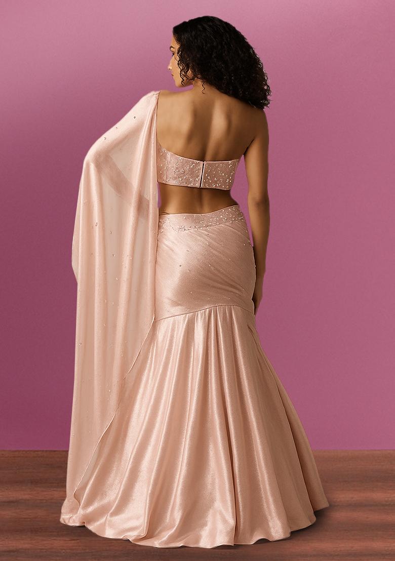 Pink Shimmer Georgette Pre Draped Saree Set - Indya