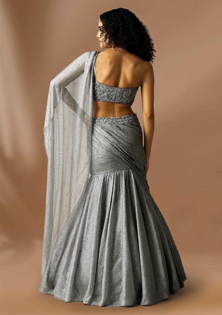 Grey Shimmer Georgette Pre Draped Saree Set - Indya
