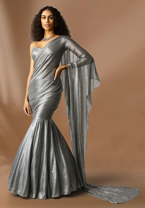 Grey Shimmer Georgette Pre Draped Saree Set
