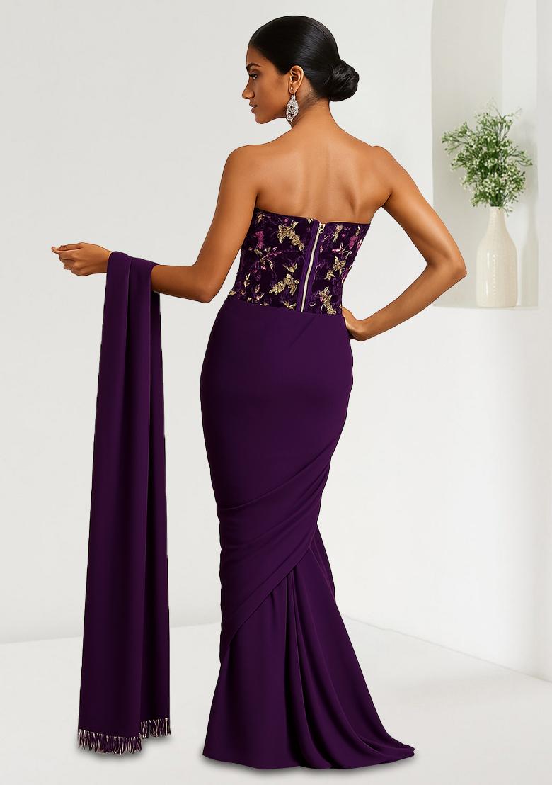 Purple Embroidered Velvet Pre Draped Saree Set - Indya