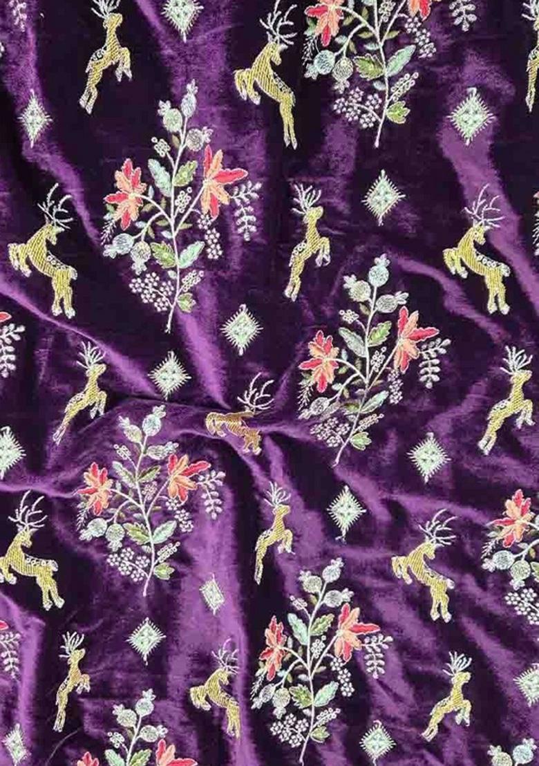 Purple Embroidered Velvet Pre Draped Saree Set - Indya