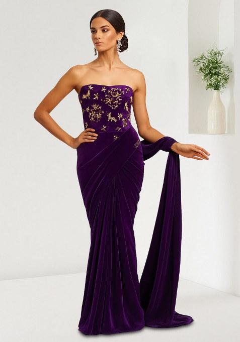 Purple Embroidered Velvet Pre Draped Saree Set