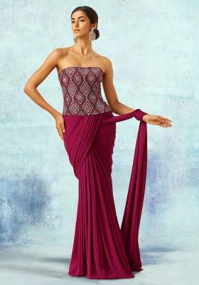 Maroon Embroidered Velvet Pre Draped Saree Set