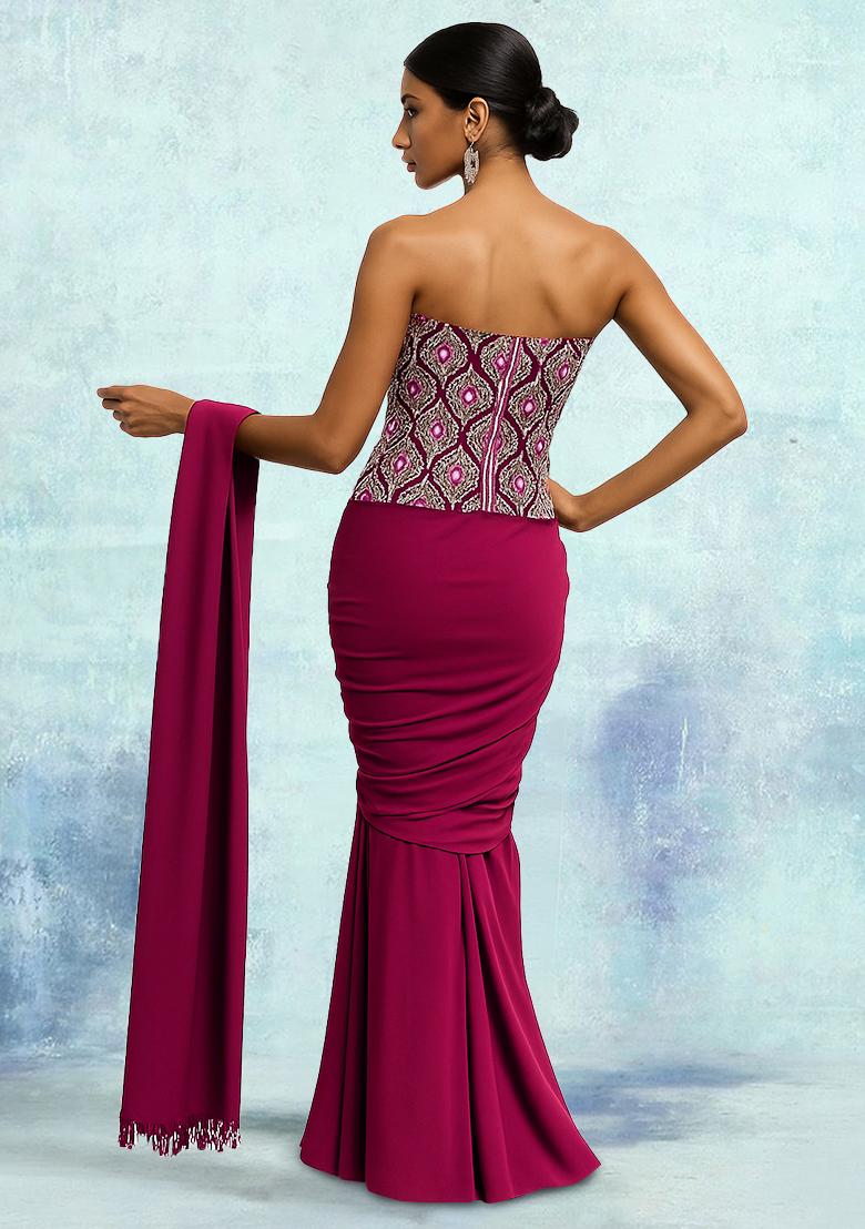 Maroon Embroidered Velvet Pre Draped Saree Set - Indya