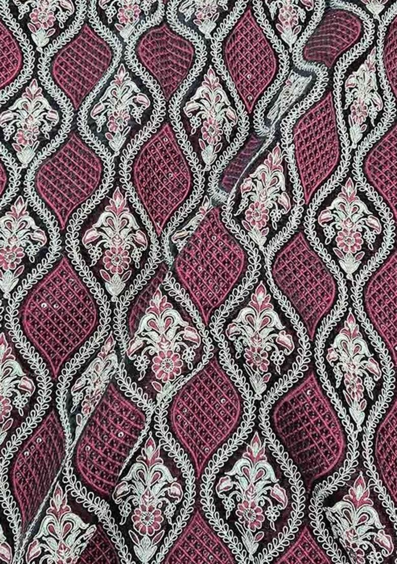 Maroon Embroidered Velvet Pre Draped Saree Set - Indya