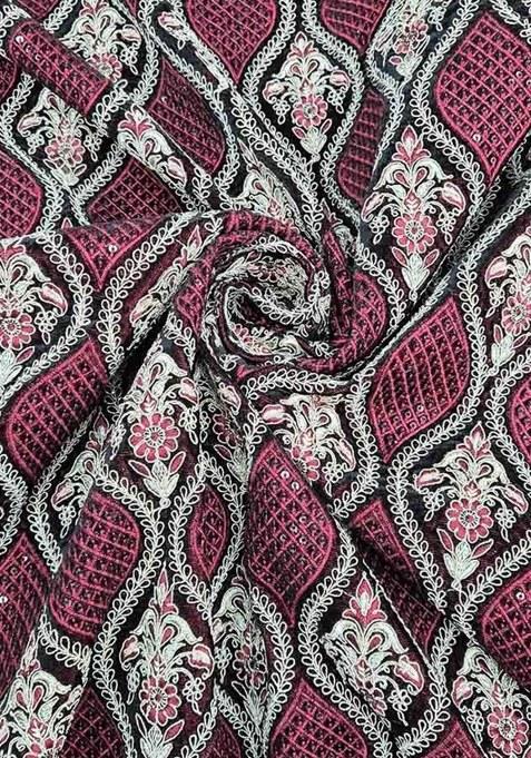 Maroon Embroidered Velvet Pre Draped Saree Set