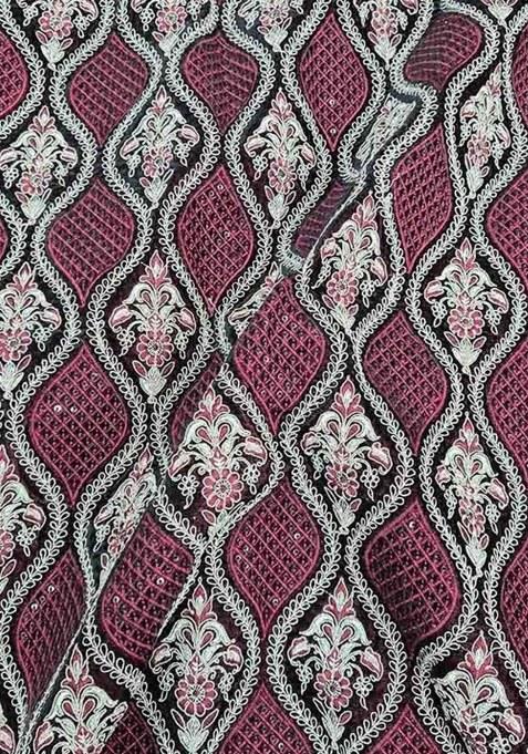 Maroon Embroidered Velvet Pre Draped Saree Set