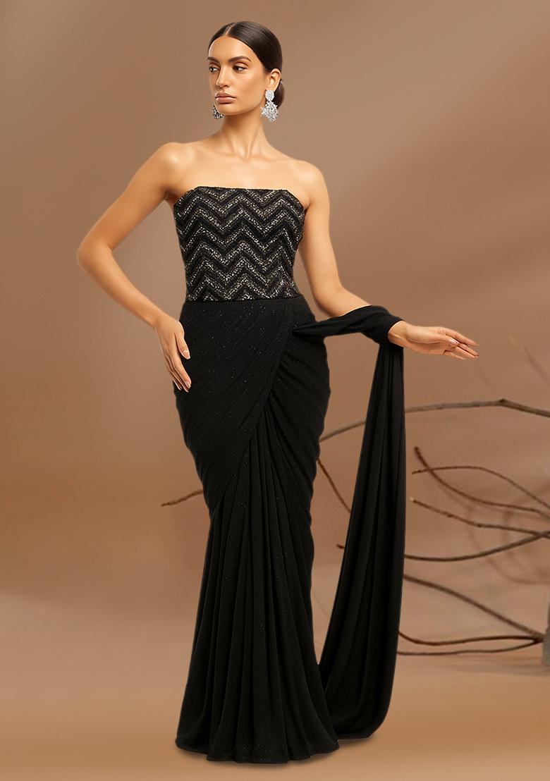 Black Embroidered Net Pre Draped Saree Set