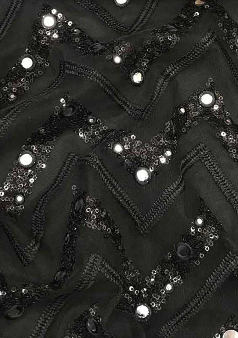 Black Embroidered Net Pre Draped Saree Set