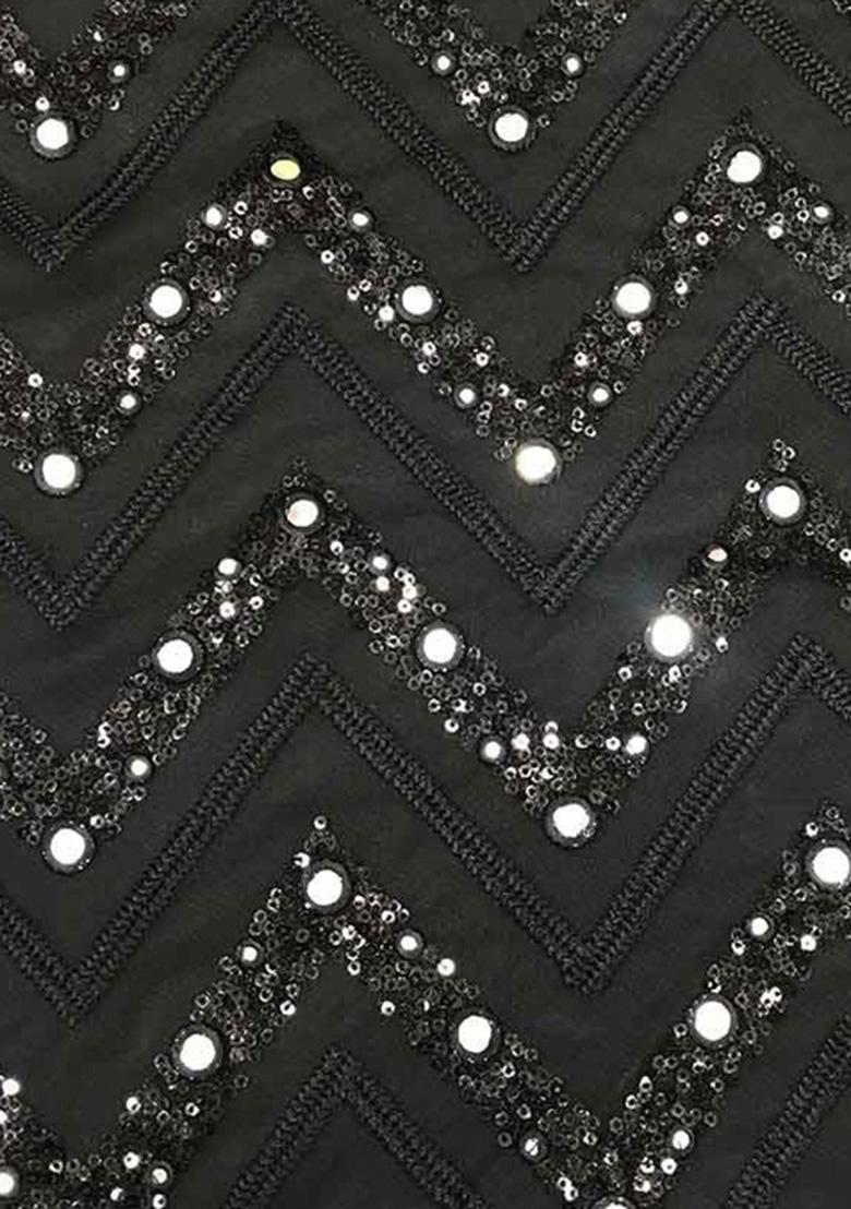 Black Embroidered Net Pre Draped Saree Set - Indya