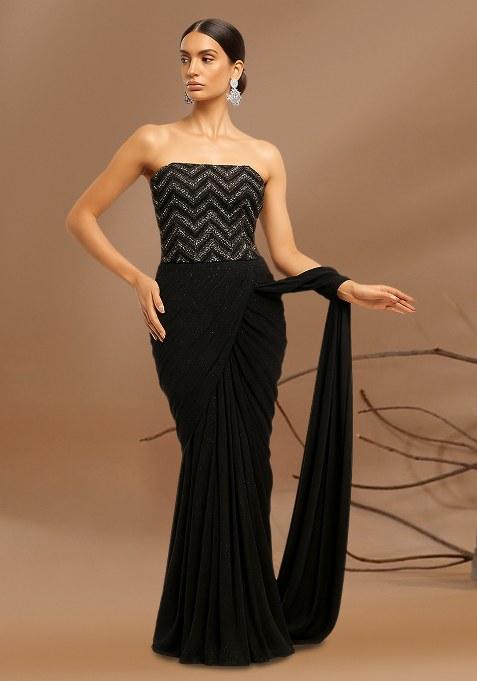 Black Embroidered Net Pre Draped Saree Set