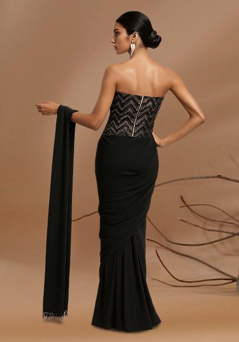 Black Embroidered Net Pre Draped Saree Set