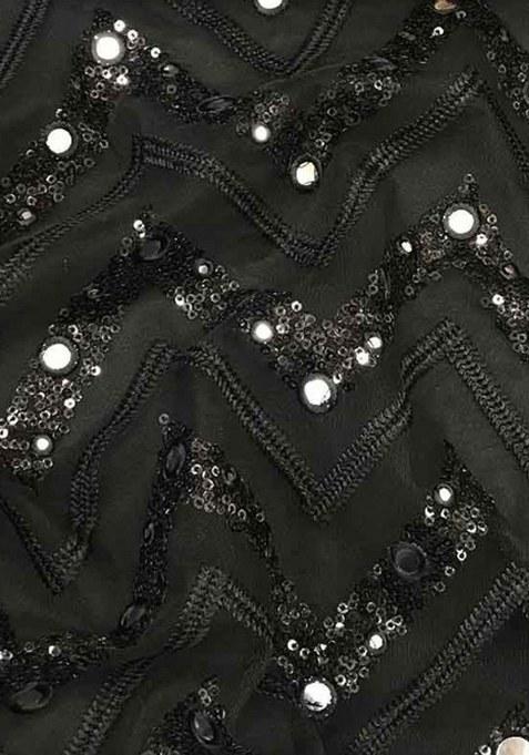 Black Embroidered Net Pre Draped Saree Set