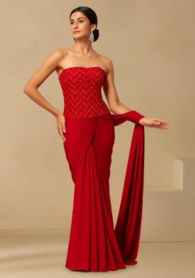 Red Embroidered Net Pre Draped Saree Set