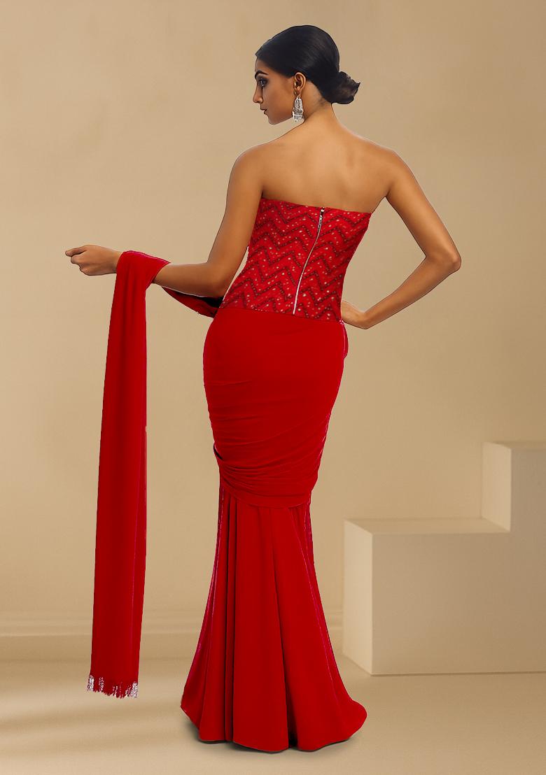 Red Embroidered Net Pre Draped Saree Set