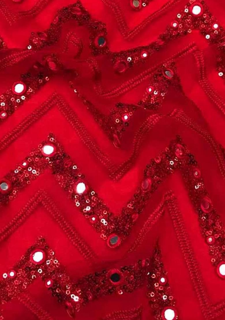 Red Embroidered Net Pre Draped Saree Set