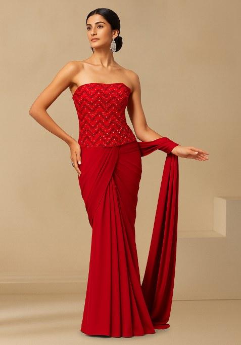 Red Embroidered Net Pre Draped Saree Set