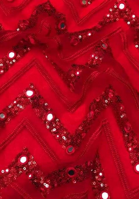 Red Embroidered Net Pre Draped Saree Set