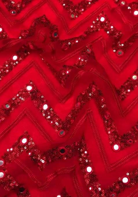 Red Embroidered Net Pre Draped Saree Set